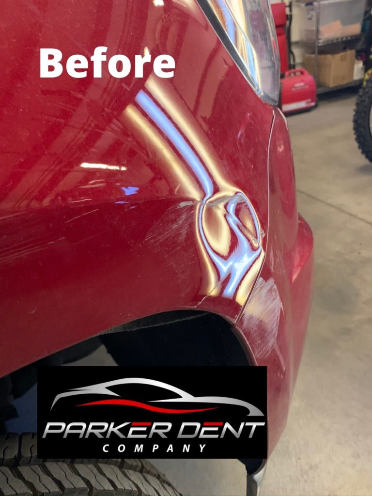 Parker Dent Company Red Car with Dent on Front Fender Before